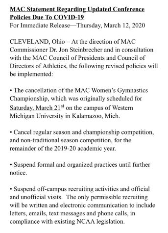 The MAC announced it was canceling all sports for the remainder of the 2019-20 academic year on Thursday afternoon. The announcement follows the NCAAs decision to cancel the NCAA Tournament, as well as the remaining winter and spring championships.