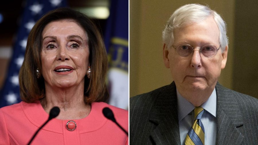 Top congressional negotiators signaled March 24, 2020, that a bipartisan deal on a massive stimulus package to respond to the coronavirus crisis is imminent. Shown are Nancy Pelosi, left, the Speaker of the U.S. House of Representatives, and Mitch McConnell, Majority Leader in the U.S. Senate. 