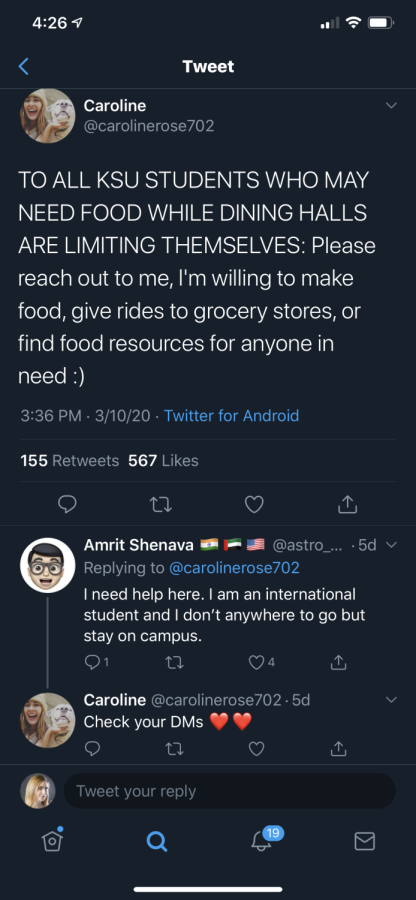 Caroline Henneman tweeted on March 10, letting students in need know to contact her for rides to the grocery store and other help locating food resources during this time. 