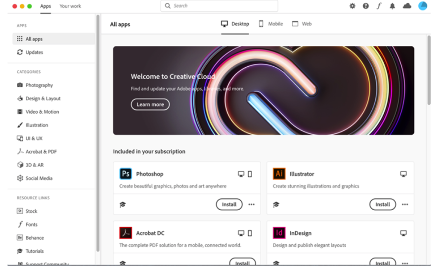 The Adobe Creative Cloud application, where users can then pick and choose which Adobe apps they’d like to install.  