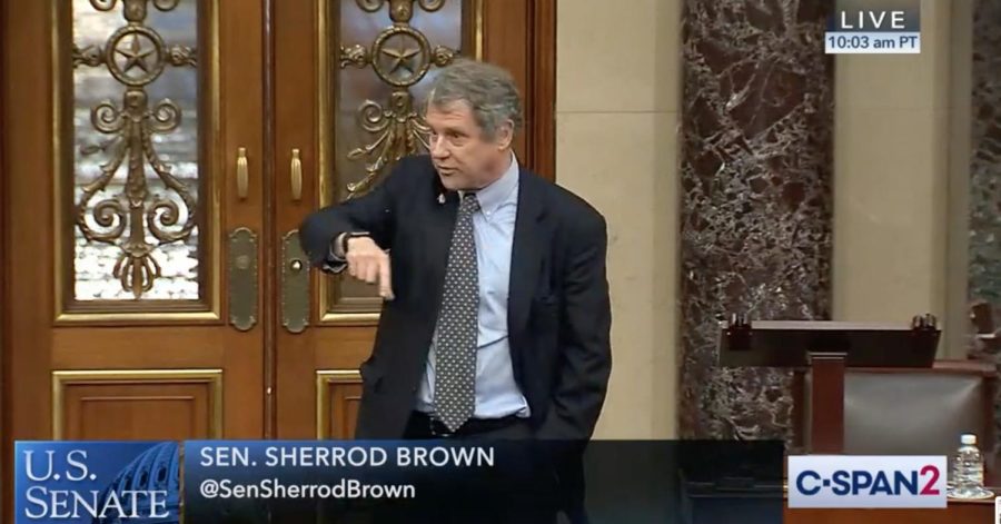 Sen. Sherrod Brown, Democrat of Ohio, speaks on the floor of the Senate in opposition to a nearly $2 trillion bailout package, which he said does not have the necessary worker protections.