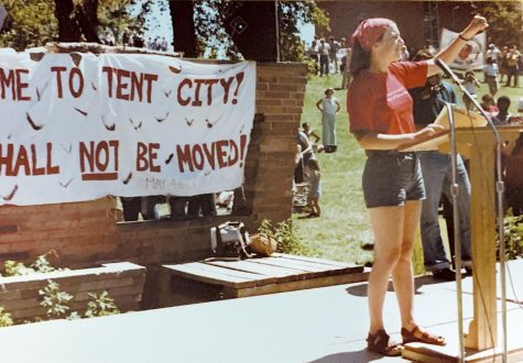 May 4 Coalition member Jane Bratnober spoke at a rally on Sept. 4, 1977 on the Commons near the victory bell in protest of building a new gym annex where the tragic events of May 4, 1970 unfolded.
