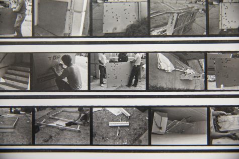 Film negative strips show the aftermath of the shootings that took place outside Alexander Hall dormitory at Jackson State University on May 14-15, 1970 in Jackson, Mississippi. 