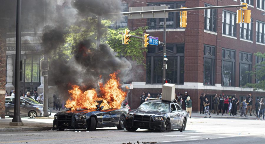 Patrol cruisers were set on fire at the Cuyahoga Justice Center in Cleveland on May 30, 2020, during protests amid the death of George Floyd.