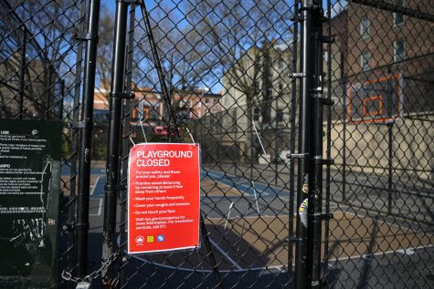 A closed playground in the West Village in New York on April 8. Figures provided to CNN from states across the country show considerable drops in child abuse reports as social distancing measures have kept people home and kids out of sight.
