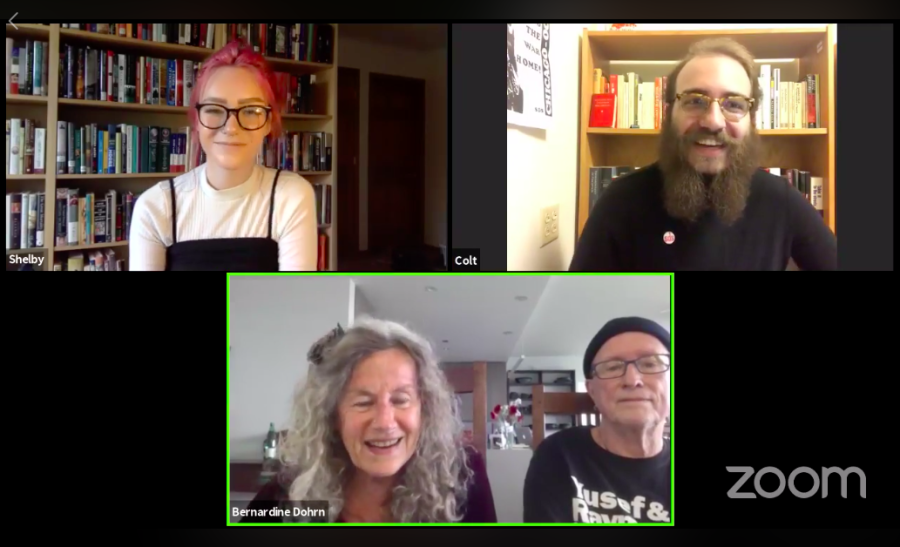 Screenshot from the Facebook Livestream of the Zoom call with Shelby Pratt (top left), Colt Hutchinson (top right), Bernardine Dohrn (bottom left) and Bill Ayers (bottom right).