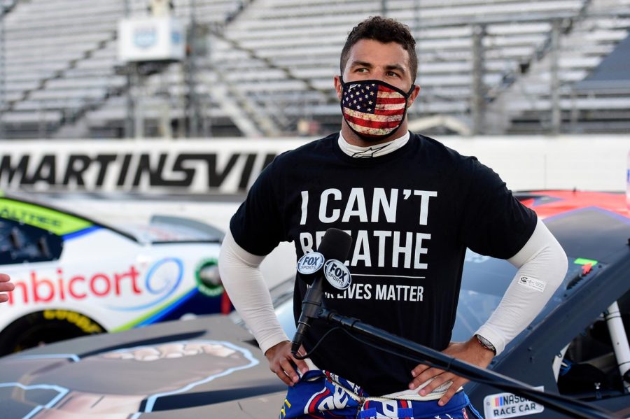  Bubba Wallace, driver of the #43 Richard Petty Motorsports Chevrolet, speaks to the media prior to the NASCAR Cup Series Blue-Emu Maximum Pain Relief 500 at Martinsville Speedway on June 10, 2020 in Martinsville, Virginia. 