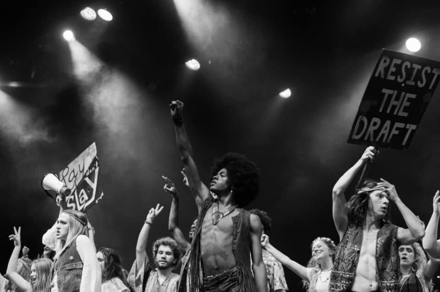 Jaye Jackson and the cast of Kent State University’s “Hair” take the stage in November 2019. Jermaine Jackson