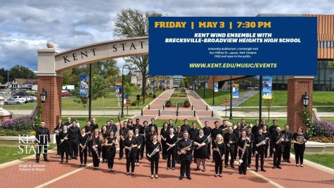Jesse Leyva, formerly an associate professor and the director of bands at Kent State University, is shown at left in a photograph promoting a partnership concert in Cartwright Hall May 3, 2019, with the Kent Wind Ensemble and the Brecksville-Broadview Heights High School wind ensemble. 