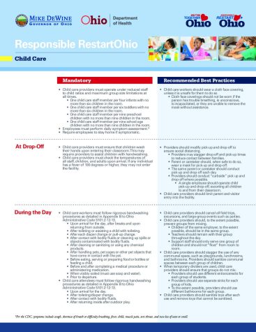 From Governor Mike DeWine and the Ohio Department of Health, this child care fact sheet details the changes and new policies in place to protect children, employees and families in child care settings amid the COVID-19 pandemic. 