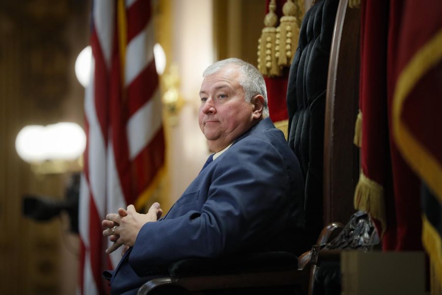 This Wednesday, Oct. 30, 2019 file photo shows Ohio State Representative Larry Householder (R), of District 72, stands at the head of a legislative session as Speaker of the House, in Columbus. FBI agents were at the farm of Householder on Tuesday morning, hours ahead of a planned announcement of a $60 million bribe investigation by federal prosecutors. (AP Photo/John Minchillo, File)