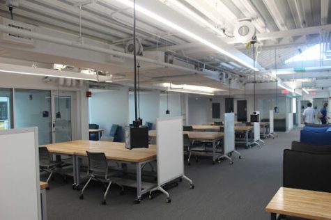 The DI Fellows program suite on the second floor. Hanging outlets are a common theme around the building, which Campbell said is more versatile than traditional wall outlets.