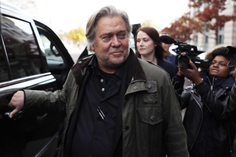 Steve Bannon and three others were charged with fraud in a border wall fundraising campaign. Seen here, the former White House senior counselor to President Donald Trump leaves the courthouse after he testified at the Roger Stone trial November 8, 2019 in Washington, DC.