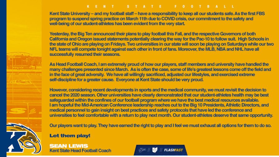 Coach Sean Lewis posted this statement urging the MAC to reconsider the postponement of the fall football season to the spring, Sept. 17.