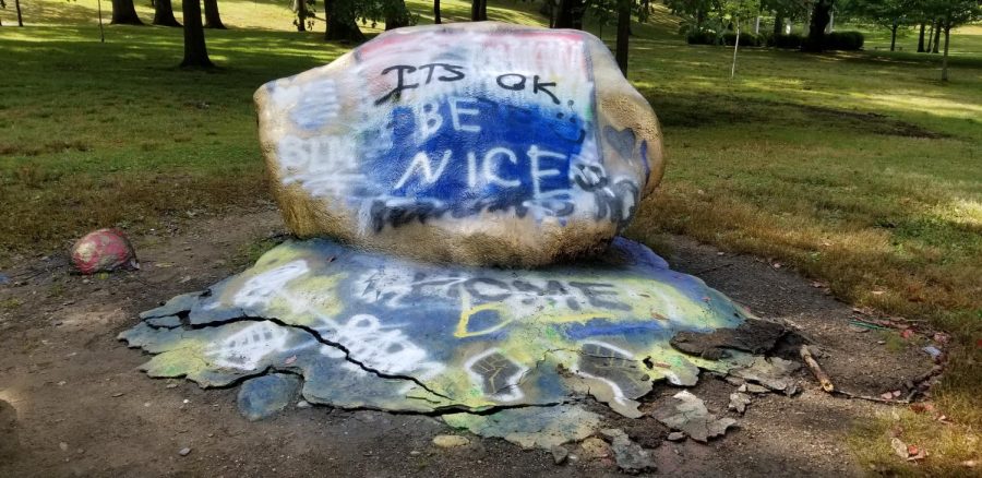 The Kent State rock on front campus was painted again Tuesday morning with the words ITS OK BE NICE! The new words covered ITS OK TO BE WHITE, which was painted overnight. 