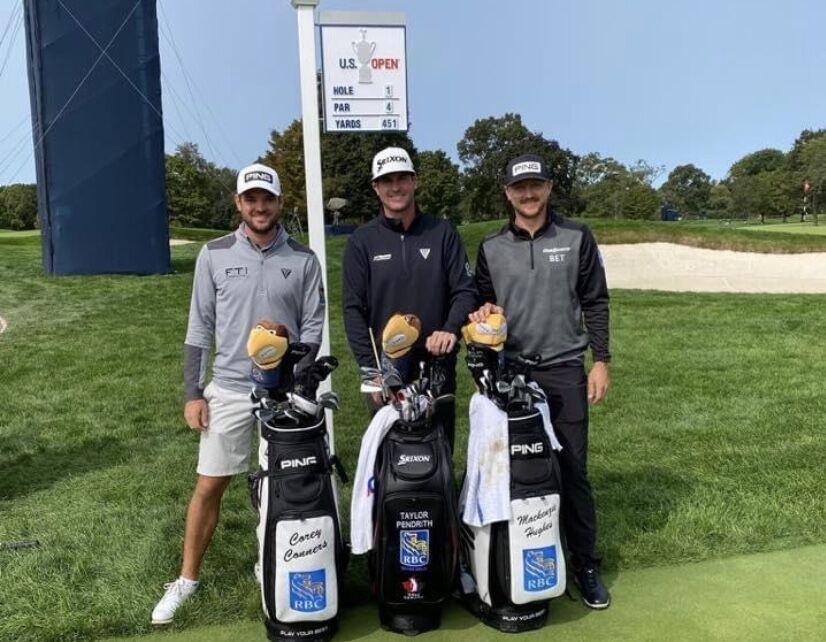 Conners, Pendrith and Hughes pose together with Golden Flash driver covers during U.S. Open practice rounds, Sept. 16.