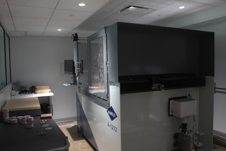 The WARDJet A-1212 waterjet cutter sits on the first floor of the Design Innovation Hub. The device had to be installed first into the room before building crews erected the walls around it.  