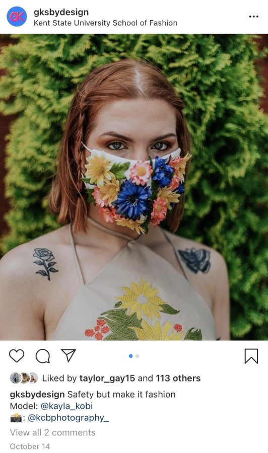 A floral mask designed by senior fashion merchandising major Grace McLain. More masks are featured on her Instagram, @gksdesign, where she sells them to raise money for her senior collection. Photo courtesy of Grace McLain.