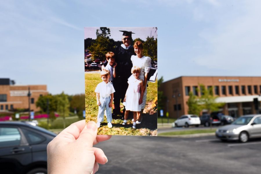Taken in front of the Kent Student Center, the photo of Kelly Krabill’s family stand in front of campus as Bob Krabill graduated. 