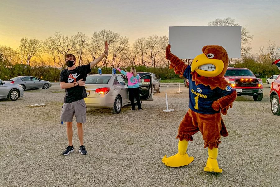 Kent State’s mascot Flash Guy shows off KSU2U drive-in events in various Ohio locations. Courtesy of Kent State Admissions Office employees Erica Collins and Corey Stamco.