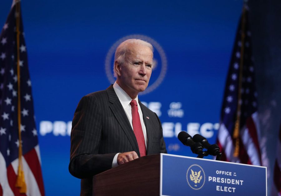President-elect Joe Biden speaks as he addresses the media after a virtual meeting with the National Governors Association's executive committee at the Queen Theater on November 19, 2020 in Wilmington, Delaware. Mr. Biden and his advisors continue the process of transitioning to the White House.