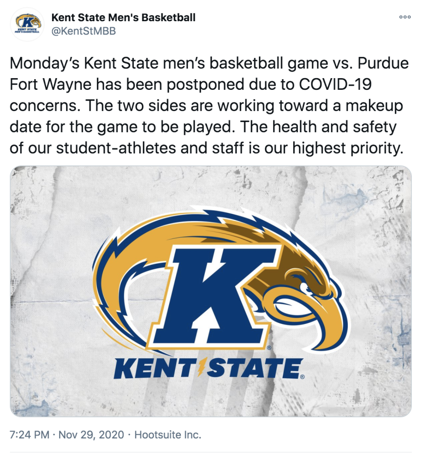 The Kent State men’s basketball team tweeted on November 29 stating that the planned Monday game against Purdue Fort Wayne had been postponed due to COVID-19. 