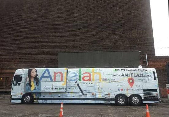 Comedian Anjelah Johnson’s tour bus sits near downtown Cleveland while she does stand-up inside. Johnson was on a two-month stand-up tour across the U.S. in 2019.