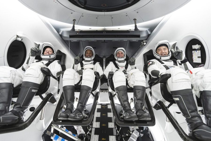 The SpaceX Crew-1 crew members (from left) NASA astronauts Shannon Walker, Victor Glover, Mike Hopkins, and JAXA (Japan Aerospace Exploration Agency) astronaut Soichi Noguchi are seen.