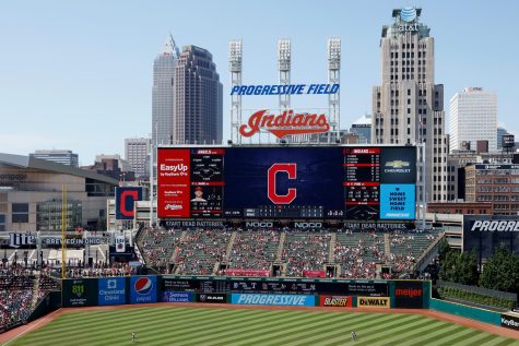 General view of the scoreboard from the upper level as the Cleveland Indians play a game against the Los Angeles Angels at Progressive Field on August 4, 2019 in Cleveland, Ohio. Cleveland won 6-2.