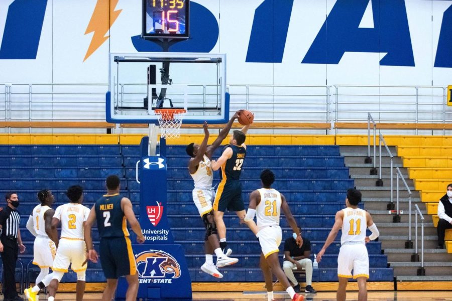 Senior forward Danny Pippen goes up for a block against the University of Toledo. Despite Pippen's career high 34 points, the Flashes would lose 84-84 at home. Jan. 5, 2020.