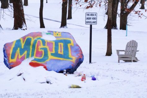 The rock on Front Campus at Kent State is covered in snow on Thurs., Jan. 28.
