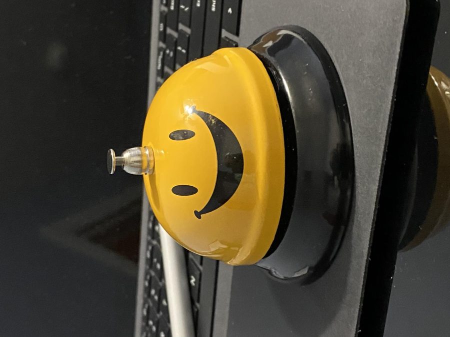 Associate professor of accounting Mindy Nett’s “Mr. Happy Tax” bell. The bell is used to alert students when important information is coming up.