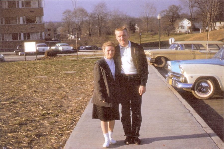 Brigitta Hanzely (left) stands with Stephen Hanzely (right) for a photo on Kent State’s Kent campus in the spring of 1961.