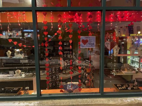 Kent business decorated in red strings of hearts.