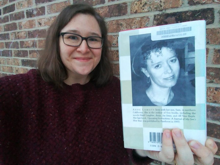 Brennan poses with Anne Lamotts author photo on the back of a copy of Bird by Bird.