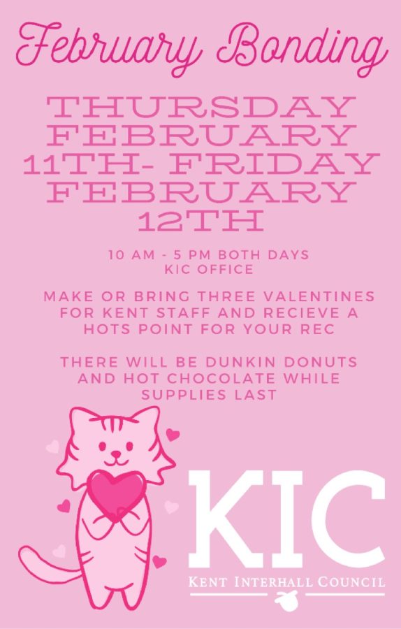 KIC poster advertising the February bonding event where students made cards for staff members.