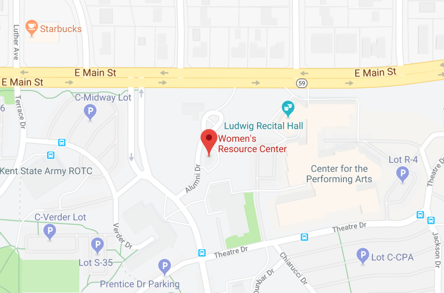 Location of the Kent State Women’s Center, which also houses the Sexual and Relationship Violence Support Services office (SRVSS). 