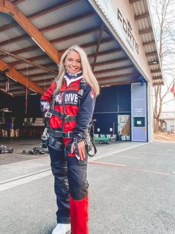Maggie Kesler in her sky diving outfit.