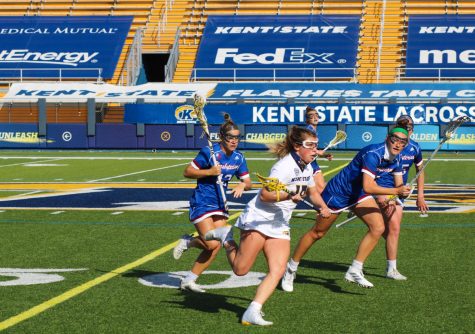 Kent State clears the ball at Dix Stadium in a game against Presbyterian College. The Flashes would win 21-12. March 22, 2021.
