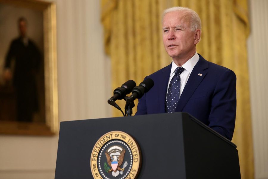 WASHINGTON, DC - APRIL 15: U.S. President Joe Biden announces new economic sanctions against the Russia government from the East Room of the White House on April 15, 2021 in Washington, DC. Biden announced sanctions against 32 companies and individuals that are aimed at choking off lending to the Russian government and in response to the 2020 hacking operation that breached American government agencies and some of the nation’s largest companies. (Photo by Chip Somodevilla/Getty Images)