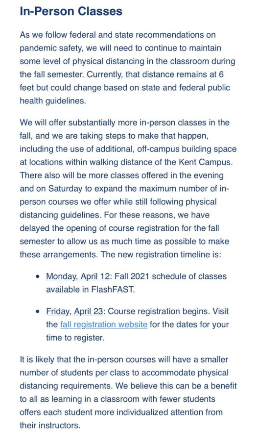 Email sent out by the university regarding procedures for fall classes.