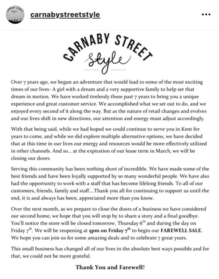 Carnaby Street Style announced their closing on Instagram.