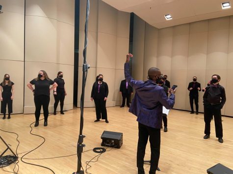 Members of Kent State’s Gospel Choir rehearse in Cartwright Hall before recording portions for the upcoming virtual concert. 