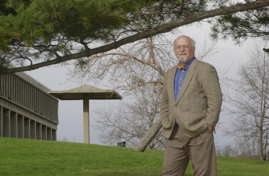 Dr. Jerry M. Lewis, professor emeritus of sociology at Kent State University, and witness to the events of May 4, 1970. He is pictured with the pagoda and Taylor Hall in the background in 2010.