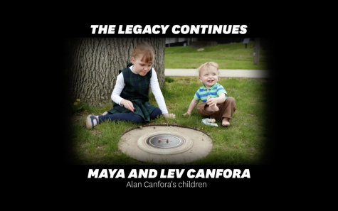 A screenshot from the 51st virtual commemoration of May 4, featuring Alan Canforas children, Maya and Lev, sitting by the new marker on campus near a tree he once said saved his life, with Canforas name and his distance from the Ohio National Guard when shot. 