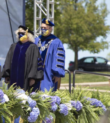 Provost Melody Tankersley and President Todd Diacon walk up to the stage at the May 13 graduation ceremony. Both Tankersley and Diacon gave opening speeches.
