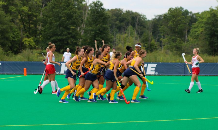 Kent States field hockey team runs down the field on Tuesday, Aug. 31 after scoring a goal against OSU at Murphy-Mellis Stadium. 