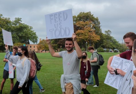 Students gather outside of Taylor Hall to march to the K in protest of the bad food service happening on campus on Tuesday, Oct. 5, 2021.