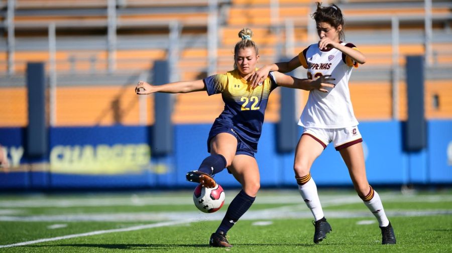 Cameron Shendenhelm, who led the soccer program in goals last season, makes a move on the ball during a Kent State soccer game in October 2021. 