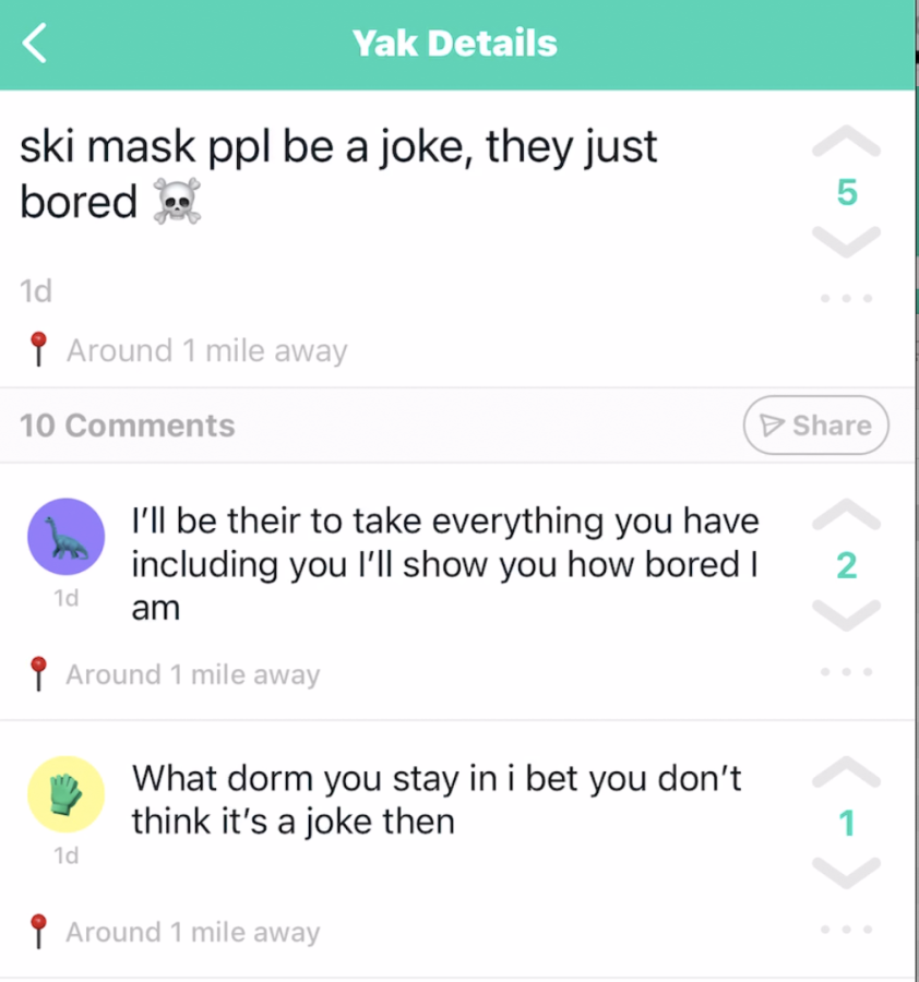 Social media posts on YikYak refer to ski-masked men roaming the halls of some Kent State dormitories. 